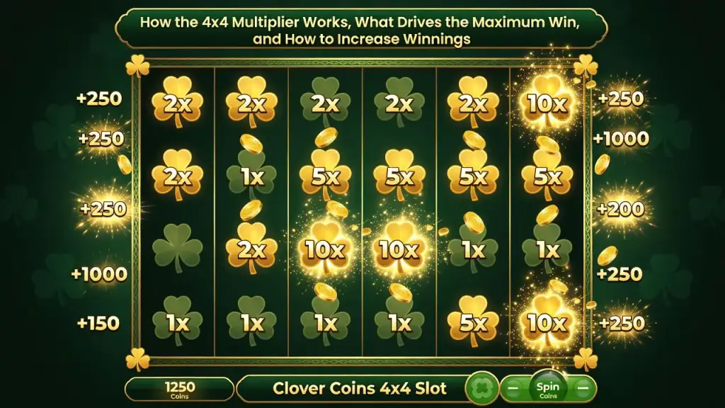 Clover Coins 4x4 Slot: How the 4x4 Multiplier Works, What Drives the Maximum Win, and How to Increase Winnings